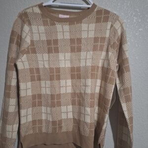 Checkered Knit Sweater - Tan and Cream